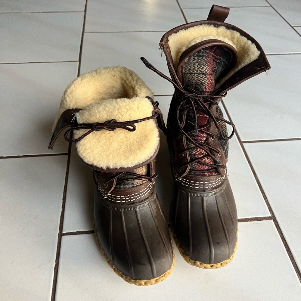 LL Bean Shearling Plaid Duck Boots